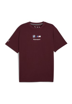 Burgundy cotton T-shirt with short sleeves, featuring white BMW and M logos, "Motorsport" text, and a striped round neckline.