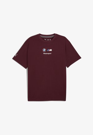 Bordo pamučna majica kratkih rukava, s bijelim BMW i M logotipima, tekstom "Motorsport" i prugastim okruglim izrezom.