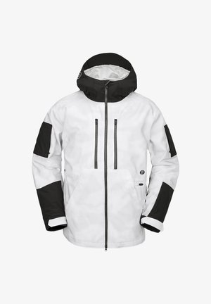 Veste noire et blanche dotée d'une capuche, de deux poches zippées à l'avant, d'une grande poche centrale et de manches contrastées avec un tissu texturé.