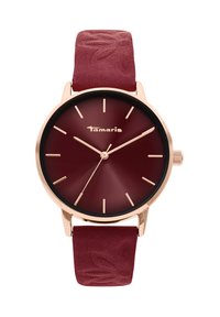 Bordeaux horloge met een roségouden kast, zwarte bezel en gegraveerde bordeaux suède band. Beschikt over eenvoudige uurmarkeringen en een slank wijzerplaat.