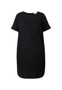 Schwarzes Kurzarmkleid mit rundem Ausschnitt, geradem Schnitt und glattem Stoff. Keine sichtbaren Muster oder Metalldetails.