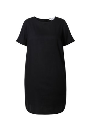 Vestito nero a maniche corte con scollo rotondo, taglio dritto e tessuto liscio. Nessun motivo visibile o dettagli metallici.