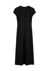 Abito nero con maniche corte a sbuffo, scollatura a V e una silhouette pulita. Realizzato in un tessuto morbido, presenta una gonna alla lunghezza del ginocchio e una zip sul retro.