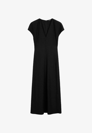 Robe noire avec de courtes manches capitaine, décolleté en V et une silhouette épurée. Fabriquée dans un tissu lisse, elle possède une jupe jusqu'aux genoux et une fermeture éclair au dos.