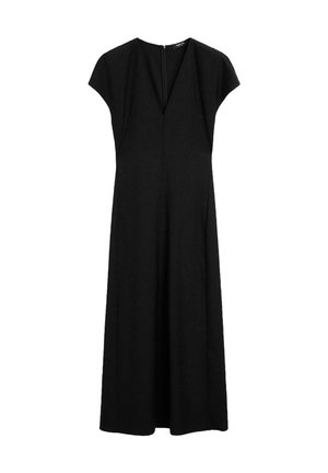 Black knee-length dress with short cap sleeves, V-neckline, and a concealed zipper at the back. Made from smooth, lightweight fabric.
