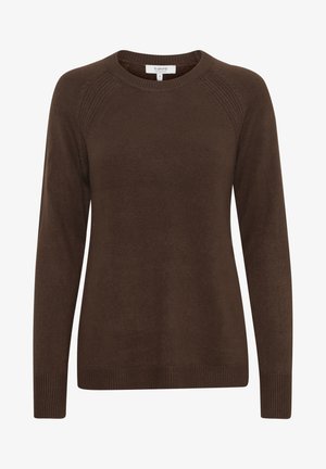 Bruine, lange mouwen trui met een ronde hals, geribbelde manchetten en onderrand. Gemaakt van zacht materiaal met een gladde textuur. Heeft raglanmouwen.