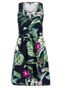 Blommig klänning med marinblå bakgrund, gröna blad, rosa och vita blommor samt nyckelhålsringning. Lätt tyg, A-linjeform.