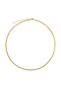 Collana tono oro composta da più sottili fili, con una finitura metallica liscia e una chiusura con catena di estensione per una lunghezza regolabile.