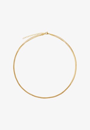 Collier doré constitué de plusieurs brins fins, présentant une finition métallique lisse et un fermoir avec une chaîne d'extension pour un ajustement de la longueur.