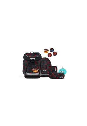 Black and red geometric-patterned Ergobag backpack set with matching pencil cases, circular character badges, and a fluffy blue keychain.
