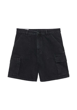 Zwarte cargoshorts met taillebandlussen, knoop- en ritssluiting aan de voorkant, schuine voorzakken en zijflappzakken.