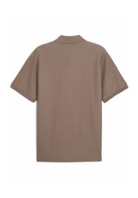 Brun polo skjorte lavet af tekstureret stof, med krave og korte ærmer. Bagsiden viser et solidt, sømløst design.