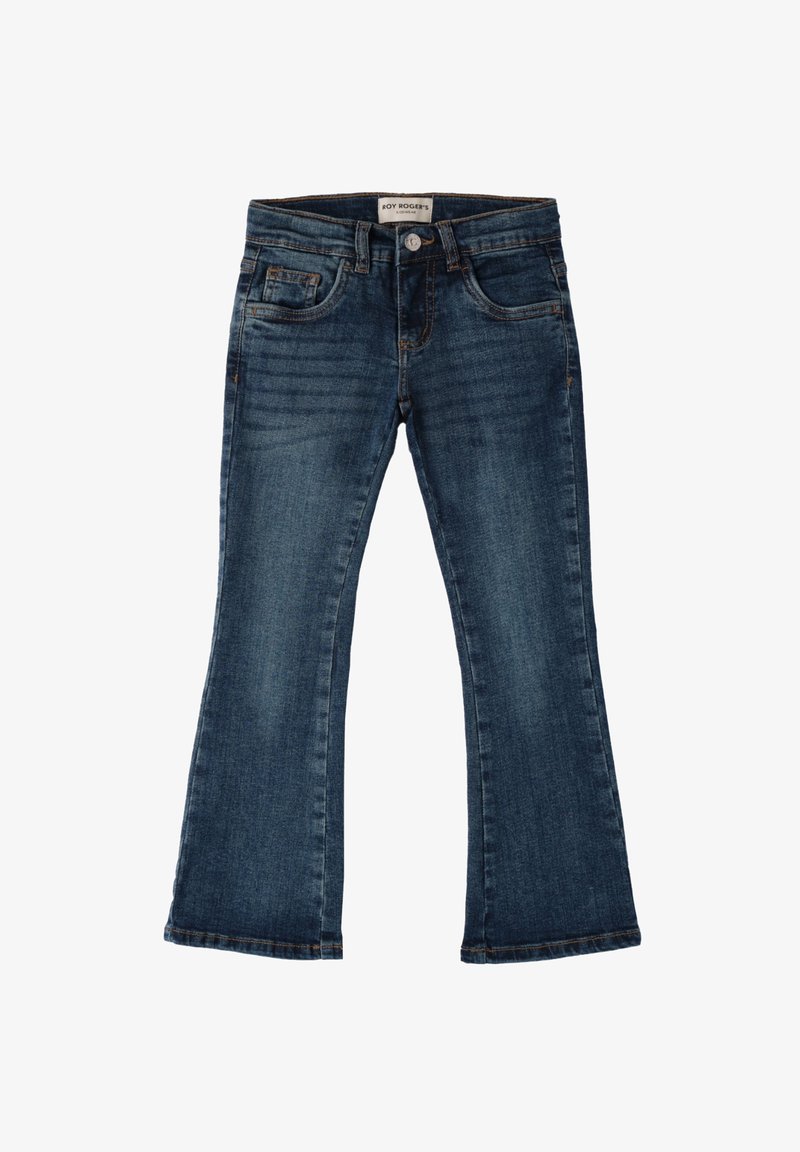 Jeans de mezclilla de corte acampanado en azul oscuro con cinco bolsillos, cierre de botón y ligero desgastado en la parte delantera. Dobladillos cosidos y un ligero desvanecimiento cerca de los bolsillos.