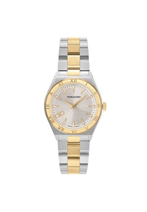 Silver and gold-tone stainless steel watch with a textured silver dial, gold hour markers, and Roman numerals. Features a two-tone bracelet.