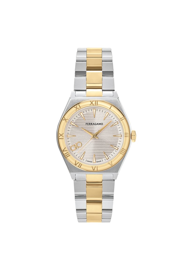 Silver and gold-tone stainless steel watch with a textured silver dial, gold hour markers, and Roman numerals. Features a two-tone bracelet.