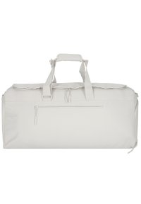 Bolsa de deporte blanca hecha de tejido duradero. Cuenta con dos asas, un compartimento principal con cremallera y un bolsillo exterior con cremallera. Textura suave.
