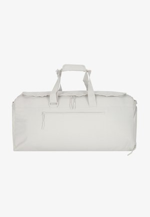 Weißer Dufflebag aus robustem Stoff. Verfügt über zwei Tragegriffe, ein Hauptfach mit Reißverschluss und eine äußere Reißverschlusstasche. Glatte Textur.
