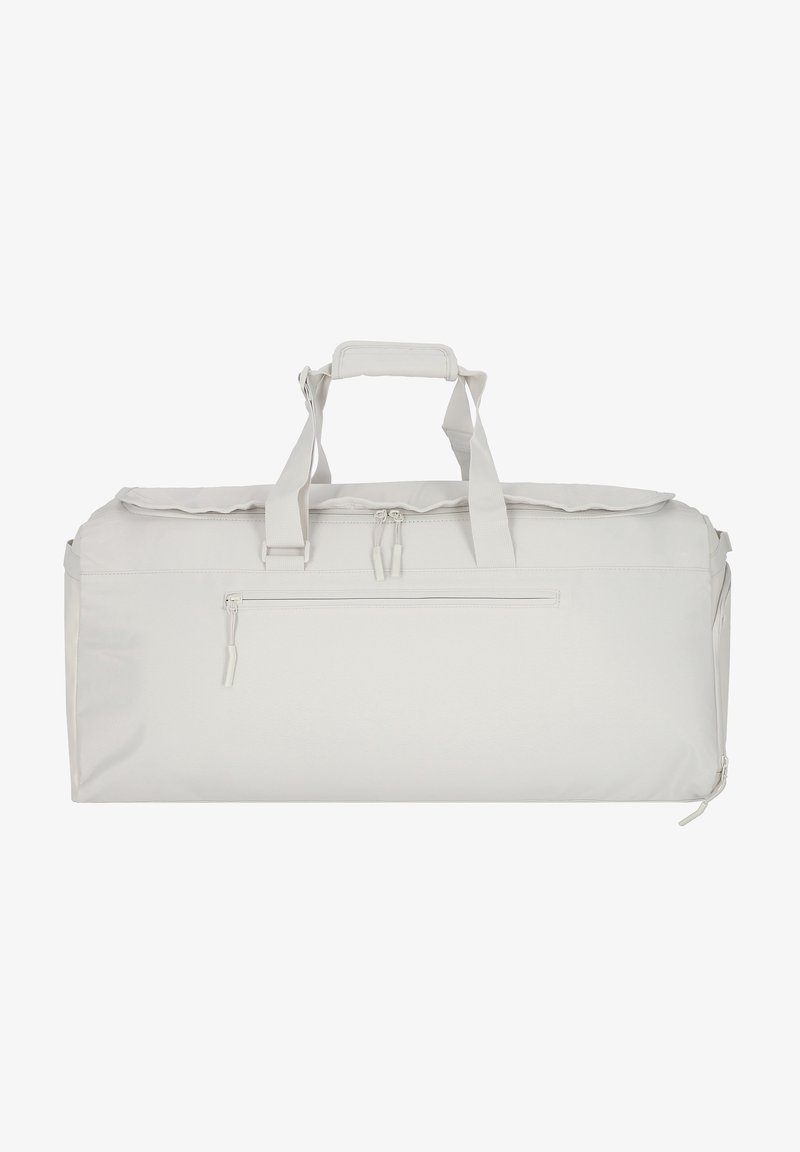 Bolsa de deporte blanca hecha de tejido duradero. Cuenta con dos asas, un compartimento principal con cremallera y un bolsillo exterior con cremallera. Textura suave.