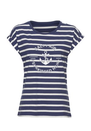 Marineblau-weiß gestreiftes Kurzarmshirt mit Anker-Grafik und Text "Salty Air Sunkissed Hair" auf der Vorderseite.
