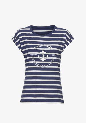 Navy and white striped short-sleeve shirt with anchor graphic and text "Salty Air Sunkissed Hair" on front.