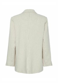 Lichtgekleurde blazer met verticale strepen, voorzien van een geknipt kraag en lange mouwen. Gemaakt van een gestructureerde, geweven stof.