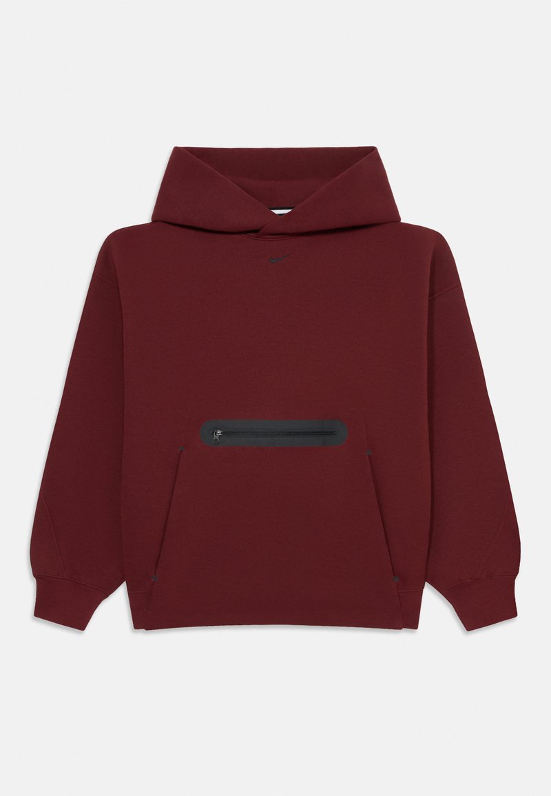 Bordová mikina s kapucňou a čiernou zipsovou kapsou na prednej strane, malé čierne logo Nike tik pod výstrihom.