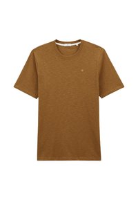 T-shirt marron à manches courtes avec un col rond, arborant un petit logo circulaire sur la poitrine gauche, présenté sur un fond blanc uni.