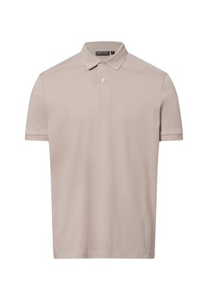 Beige Poloshirt mit kurzen Ärmeln aus weichem Baumwollmaterial, mit einem klassischen Kragen, einer Zwei-Knopf-Leiste und einer glatten Oberfläche ohne Muster.