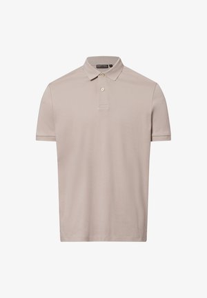 Beige Poloshirt mit kurzen Ärmeln aus weichem Baumwollmaterial, mit einem klassischen Kragen, einer Zwei-Knopf-Leiste und einer glatten Oberfläche ohne Muster.