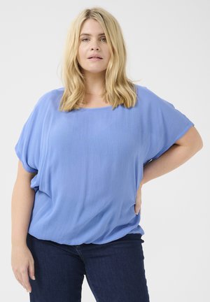 Lichtblauwe, loszittende blouse met een vierkante halslijn en korte mouwen, gemaakt van een textuurstof en met een relaxte snit. Casual stijl.