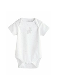 Weißes Kurzarm-Body aus Baumwolle, mit einem subtilen gepunkteten Muster und einem Tiermotiv in sanften Farben auf der Vorderseite. Druckknöpfe an der Unterseite.