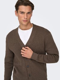 Gilet en tricot marron avec un col en V, des manches longues et cinq boutons noirs. Porté sur un t-shirt blanc, présentant une texture lisse.