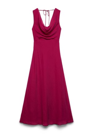 Abito midi senza maniche fucsia con scollo a drappeggio e dettaglio con fiocco sul retro, realizzato in tessuto leggero e fluente.