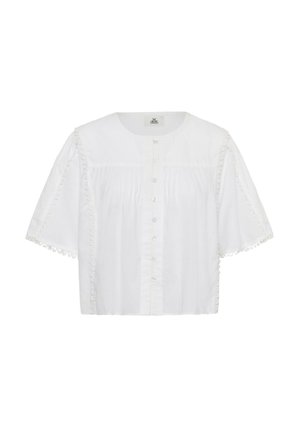 Weiße Bluse mit kurzen Ärmeln, vorn mit Knöpfen, rundem Ausschnitt, legerer Passform und dekorativem, geschlungenem Besatz entlang der Ärmel und vorderen Teile.