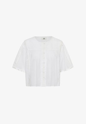 Weiße Bluse mit kurzen Ärmeln, vorn mit Knöpfen, rundem Ausschnitt, legerer Passform und dekorativem, geschlungenem Besatz entlang der Ärmel und vorderen Teile.