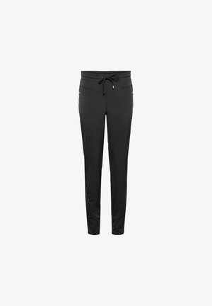 Zwarte sportbroeken met een verstelbare tailleband en ritszakken aan de zijkanten, met een gladde textuur en een taps toelopend ontwerp.