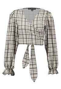 Langärmlige, cropped Wickelbluse im Schwarz-Weiß-Karomuster, mit tiefem V-Ausschnitt und einer Bindung in der Taille sowie Rüschensäumen.
