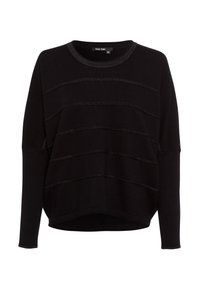 Schwarzer Pullover mit langen Ärmeln, der horizontale metallische Streifen aufweist. Hergestellt aus weich gestricktem Stoff mit Rundhalsausschnitt und gerippten Bündchen.