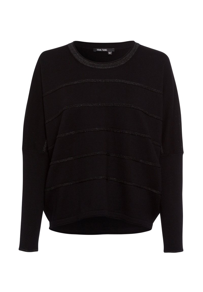 Schwarzer Pullover mit langen Ärmeln, der horizontale metallische Streifen aufweist. Hergestellt aus weich gestricktem Stoff mit Rundhalsausschnitt und gerippten Bündchen.
