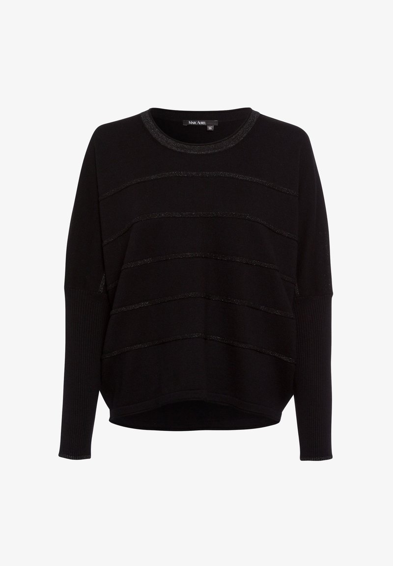 Schwarzer Pullover mit langen Ärmeln, der horizontale metallische Streifen aufweist. Hergestellt aus weich gestricktem Stoff mit Rundhalsausschnitt und gerippten Bündchen.