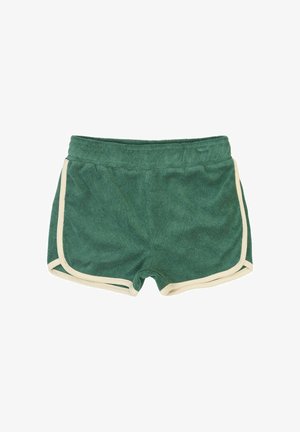 Grønne shorts i frotté med en blød tekstur, der har beige piping langs kanterne og en elastisk talje.