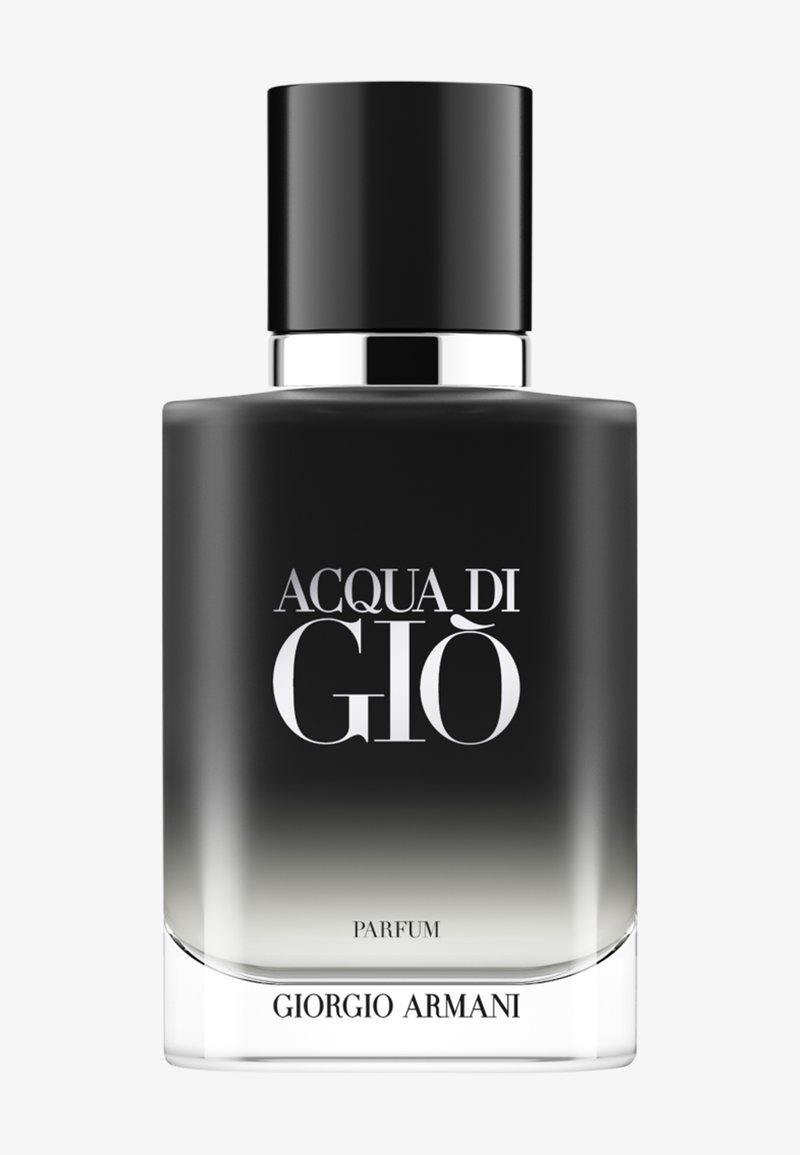 Rektangulær parfymeflaske med svart-hvitt gradientmerke "Acqua di Giò Parfum" av Giorgio Armani med svart sylinderlokk.