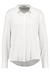 Camicia bianca a maniche lunghe con colletto, realizzata in un tessuto liscio. Presenta un orlo arrotondato e sei bottoni nella parte anteriore.