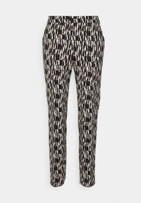 Zwart-witte gestreepte broek met een geometrisch ontwerp en hints van rood. Slim fit, gladde stof en een knoopsluiting in de taille.