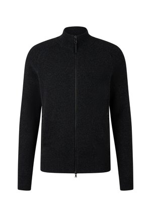 Schwarze Fleecejacke mit Reißverschluss, hohem Kragen, gerippten Ärmeln und Seitentaschen. Weiche Textur und tailliertes Design für Wärme.