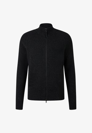 Schwarze Fleecejacke mit Reißverschluss, hohem Kragen, gerippten Ärmeln und Seitentaschen. Weiche Textur und tailliertes Design für Wärme.