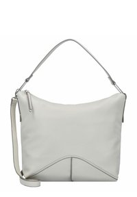Borsa a mano in pelle bianca con una finitura testurizzata, caratterizzata da una parte superiore curva, una tracolla regolabile e un distintivo accento triangolare alla base.