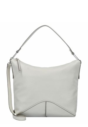 Weiße Lederhandtasche mit strukturierter Oberfläche, rundem oberen Ende, verstellbarem Schulterriemen und einem markanten dreieckigen Akzent am Boden.