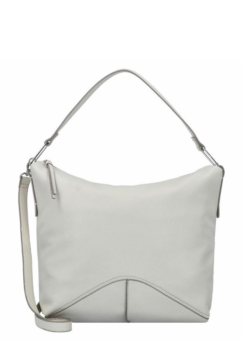 Borsa a mano in pelle bianca con una finitura testurizzata, caratterizzata da una parte superiore curva, una tracolla regolabile e un distintivo accento triangolare alla base.