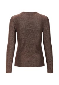 Brown long-sleeve top with a shimmering metallic texture. Round neck, fitted design, and smooth fabric finish. No visible hardware or patterns.